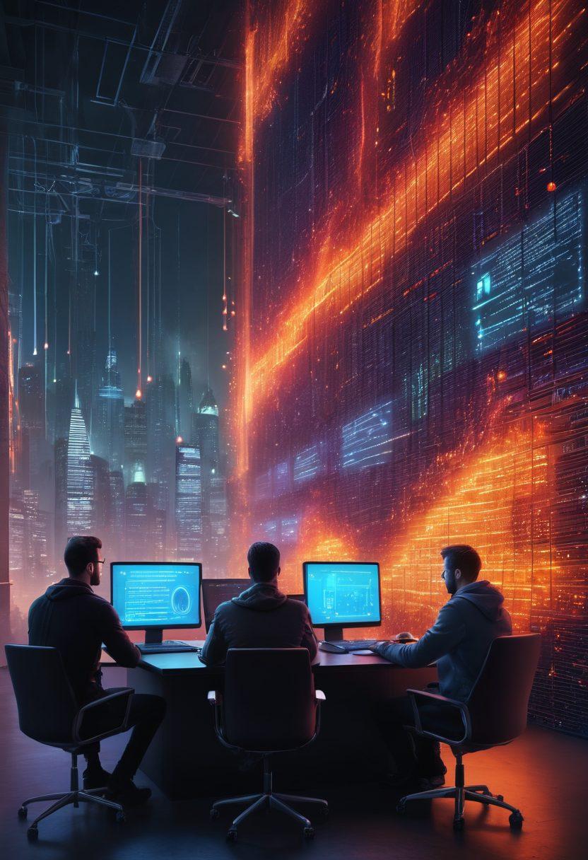 A visually striking digital fortress made of glowing firewalls and shields, symbolizing cybersecurity. In the foreground, diverse individuals (a hacker, a IT specialist, and an everyday user) strategizing together with tablets and laptops, representing collaboration in malware protection. The background should feature binary code cascading like a waterfall, with hints of cloud computing. Atmosphere is both futuristic and secure, conveying a sense of safety and vigilance. super-realistic. vibrant colors. 3D.