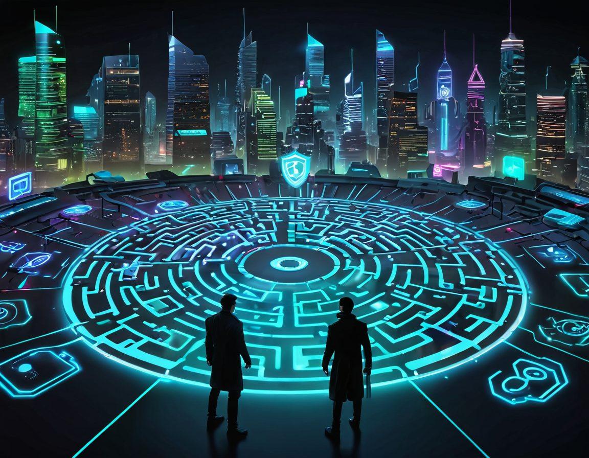 A digital landscape featuring a person navigating through a maze of cyber threats represented by shadowy figures and glowing malware icons. The centerpiece showcases a shield symbolizing data protection, surrounded by vibrant anti-malware tools like firewalls and scanning software. The background hints at a futuristic city, representing the digital world. The color palette is a blend of dark blues and neon greens for a cyberpunk feel. super-realistic. vibrant colors. 3D.