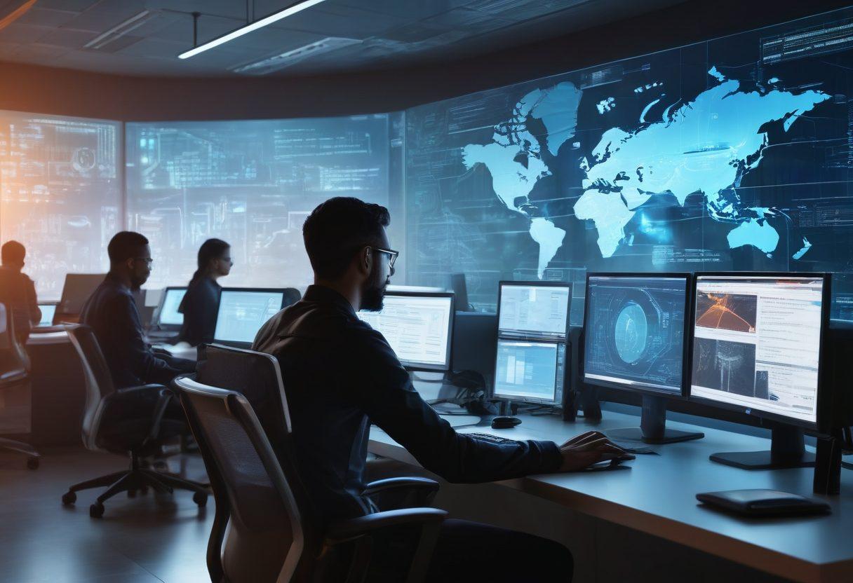 A group of diverse professionals working together in a modern office setting, surrounded by glowing digital screens displaying security data and firewall graphics. Handsome modern security tools and locks are visible in the foreground, symbolizing protection. A translucent silhouette of a hacker looms in the background, representing the invisible threat. The color palette is vibrant, emphasizing a sense of urgency and technology. digital art. cyberpunk.